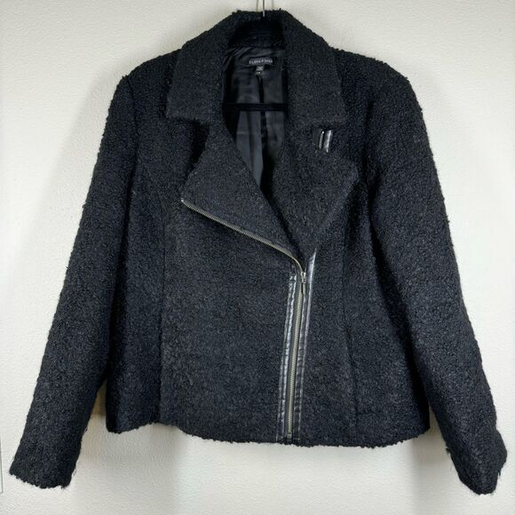 Eileen Fisher Black Suri Alpaca Wool Moto Jacket Zip Up Leather Trim Size Large - Picture 1 of 7